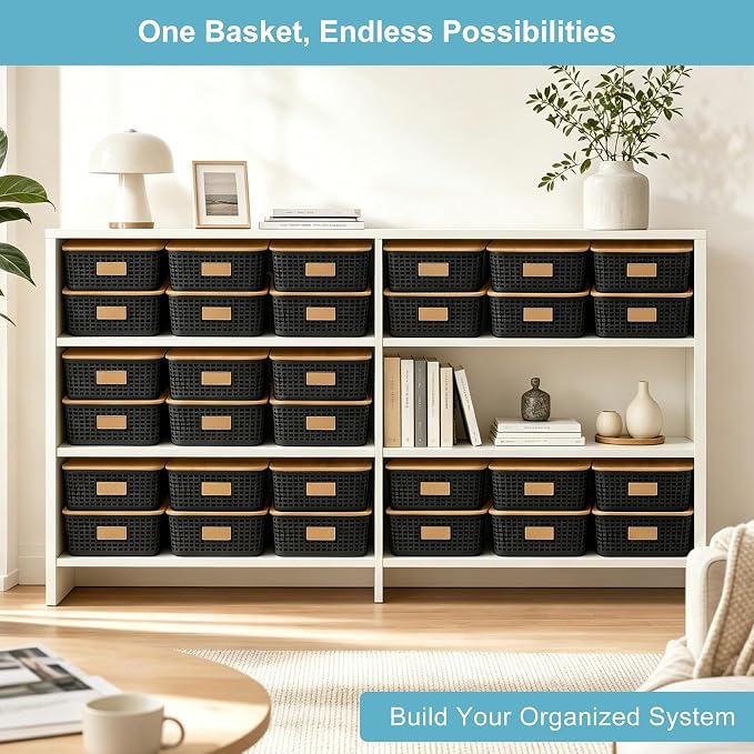 4 Pack Plastic Storage Bins with Bamboo Lids, 6.2qt Stackable Storage Organizer Box with Lable for Pantry Shelves Drawers Desktop Office, 12"L x 8.3"W x 3.5"H, Black - Image 6