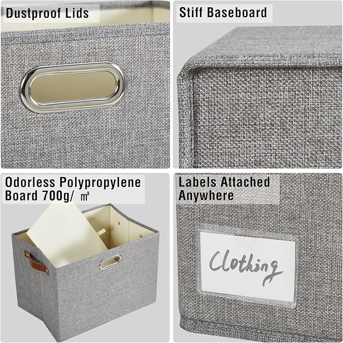 15" Fabric Storage Box with Lids, 3-Pack, Gray | Stackable, Foldable, 2 PU Handles and 2 Metal Handles, Decorative Fabric, For Home, Bedroom, Closet, Office, Nursery - Image 5