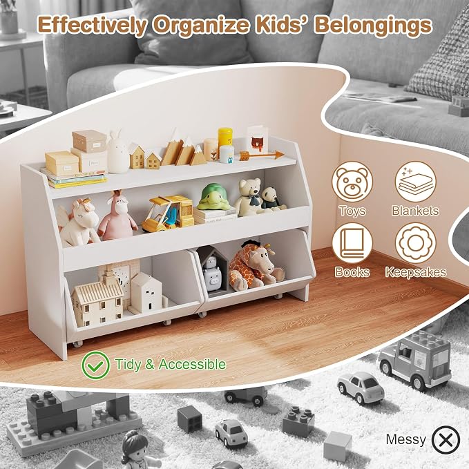 Costzon Toy Storage Organizer for Kids, Toy Cabinet w/ 2 Rolling Drawers, Lockable Wheels, Open Shelf & Anti-toppling Kit, Toddler Toy Shelf for Playroom, Kids’ Room, Nursery, Daycare (White) - Image 3