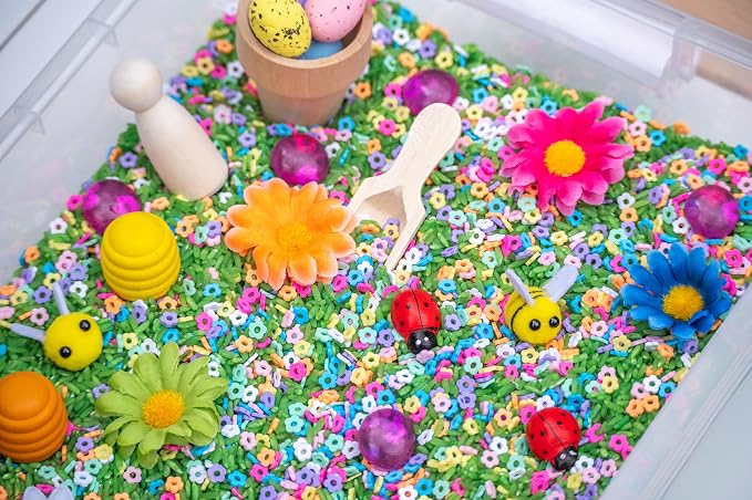 Spring Flower Sensory Bin Kit for Kids | Green Rice, Felt Bees, Wooden Eggs & Ladybugs, Floral Accessories & Wooden Tools – Includes Clear Storage Bin - Image 4