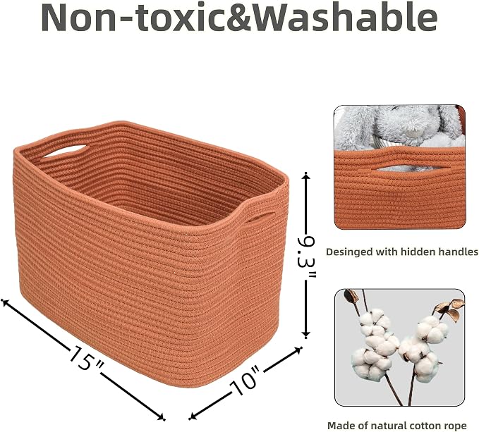 XUANGUO Woven Cotton Rope Storage Baskets 15x10x9.3" 3 Pack Rust | Decorative rectangular baskets for shelves and closets; storage bins help organize clothes, toys, books and nursery items. - Image 2