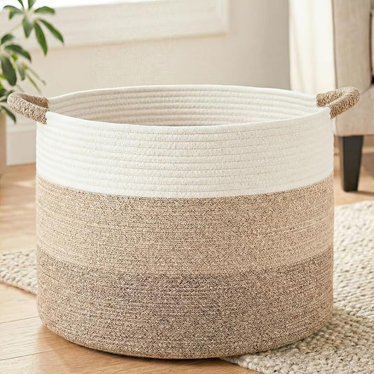 Artfeel 100L Large Cotton Rope Basket, Decorative Woven Blanket Storage for Living Room, Boho Toy Storage & Toy Box for Kids, Versatile Laundry Basket & Nursery Hamper for Blankets(BrownYellow) by Artfeel