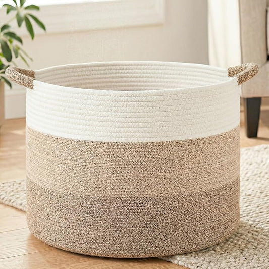 Artfeel 40L Large Cotton Rope Basket, Decorative Woven Blanket Storage for Living Room, Boho Toy Storage & Toy Box for Kids, Versatile Laundry Basket & Nursery Hamper for Blankets(Brownyellow) by Artfeel