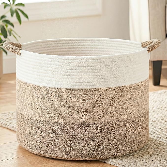 Artfeel 70L Large Cotton Rope Basket, Decorative Woven Blanket Storage for Living Room, Boho Toy Storage & Toy Box for Kids, Versatile Laundry Basket & Nursery Hamper for Blankets(BrownYellow) by Artfeel