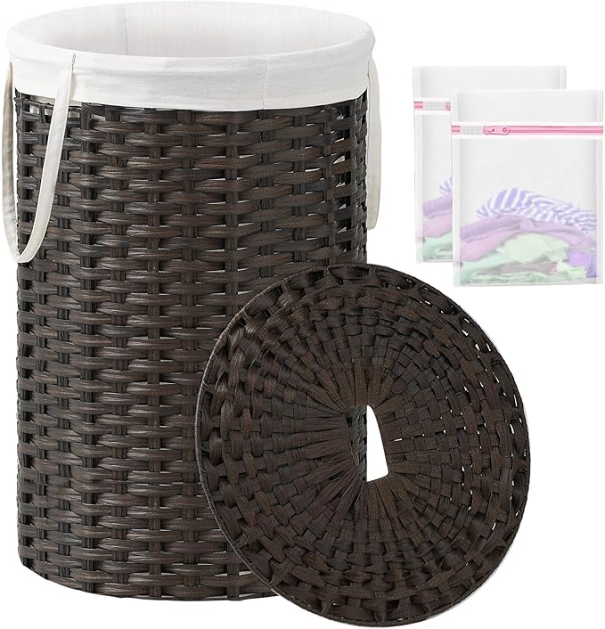 SETVSON Large Laundry Hamper Laundry Basket, Round PE Rattan, Brown | 130L Extra Large Handwoven Basket, Open Top, Removable Washable Liner Bag, 2 Mesh Laundry Bags, Side Long Handles by SETVSON