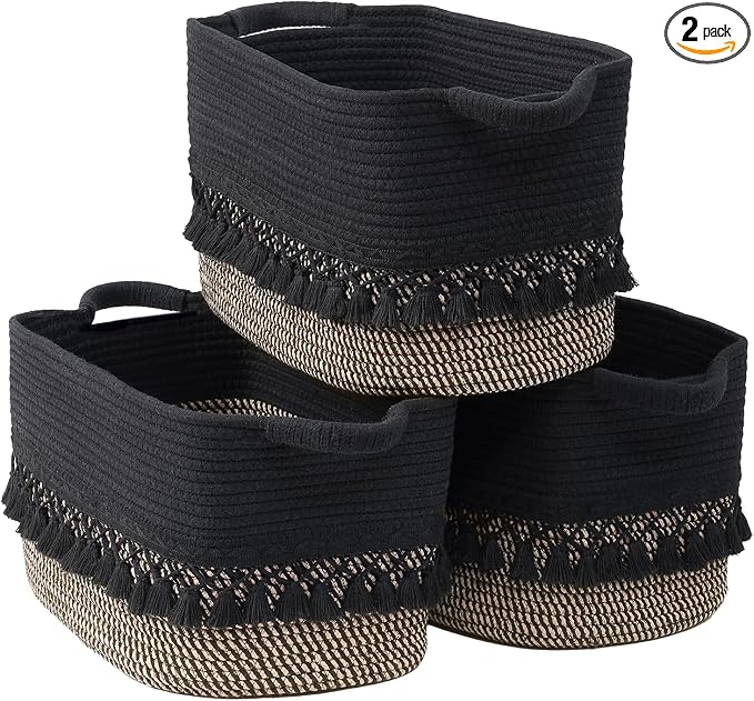 2 Pack Storage Basket for Shelves, Boho Cotton Rope Storage Bins with Heavy Tassel, Shelf Baskets Large Woven Baskets for Organizing, Cube Organizer Bins, Baby Laundry Basket for Clothes, Toys, Pets by Degeyoyo