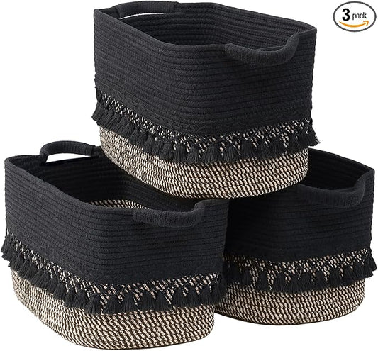 3 Pack Storage Basket for Shelves, Boho Cotton Rope Storage Bins with Heavy Tassel, Shelf Baskets Large Woven Baskets for Organizing, Cube Organizer Bins, Baby Laundry Basket for Clothes, Toys, Pets by Degeyoyo