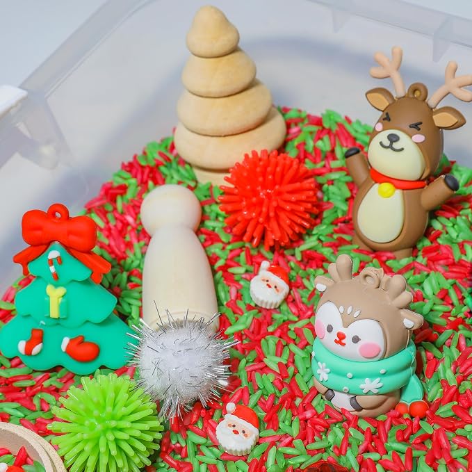 Christmas Sensory Bin Kit for Kids | Christmas Theme Red & Green Rice, Xmas Accessories, Santa Claus & Wooden Tools – Includes Clear Storage Bin - Image 3