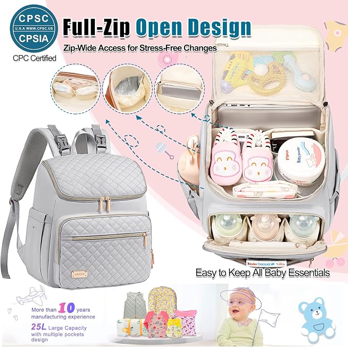 Diaper Bag Backpack Large Baby Diaper Bag with Changing Pad Travel Diaper Backpack,Baby Bag for Boys Girls,Stroller Straps,5 Insulated Pockets (Gray) - Image 4