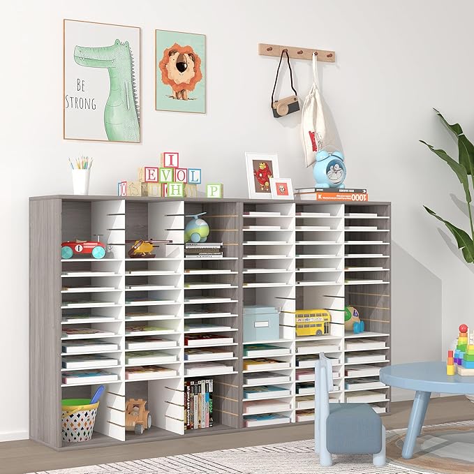 EasyPAG Wooden Literature Organizer with Adjustable Shelves, 48 Compartments Office Paper Organizer Storage 24000 Sheets Letter Size Paper, Student Mailbox for Classroom, Retro Gray/White - Image 7