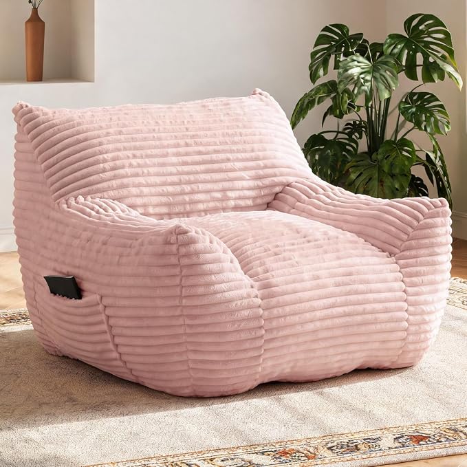 Bean Bag Chair for Adults & Kids, Giant Bean Bag Sofa with Side Pocket, Corduroy Beanbag Chair with Armrests, Comfy Stuffed Floor Sofa for Living Room Bedroom Dorm, Pink by Nivayor