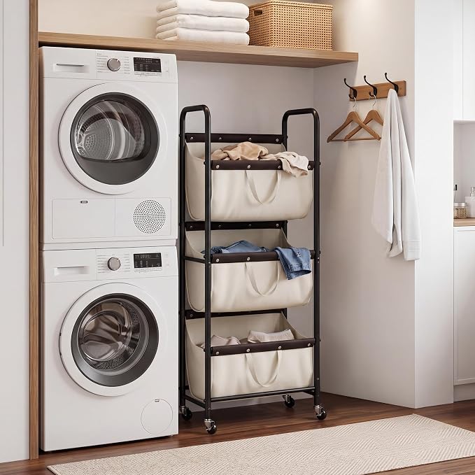 GRANNY SAYS 3 Tiered Laundry Sorter, Narrow Hamper Cart with Wheels | Sturdy 3 Section Laundry Basket with Wheels, Vertical Beige Hamper Cart for Bedroom, Bathroom, Apartment - Image 6
