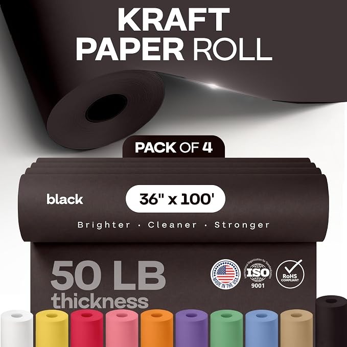 Black Paper Rolls 36" x 1200" (100 feet), Pack of 4 - USA-Made 50lb Thick Kraft Paper for Packing, Shipping, Wrapping, Crafts, Arts, Birthday Party - 100% Recycled Gift Wrap Material by IDL Packaging - Image 3