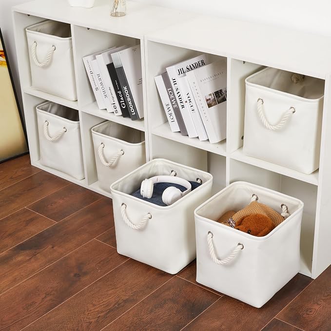 11 Inch 6 Pack Cube Storage Bins with Handles | Foldable Storage Basket,Fabric Storage Basket,Storage cube baskets suitable for the Home & Office(White) - Image 2