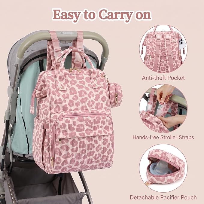 Baby Diaper Bag Backpacks for Mom Dad, Corduroy Large Capacity Multifunction Nappy Bag with Pacifier Case, Baby Travel Essentials Diaper Backpack for Boys Girls - Leopard Purple - Image 7