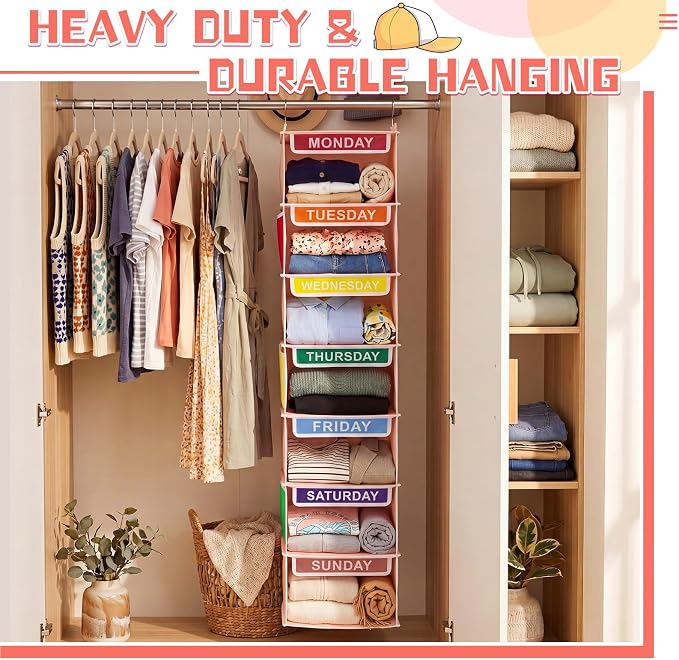2 Pcs 7 Shelf Weekly Clothes Organizer for Kids Hanging Closet Organizer 11. 8 x 11. 8 x 50 Inch Daily Activity Kids Clothes Storage Drawers Cube Drawers Closet Hanging Shelves(Orange Pink) - Image 5