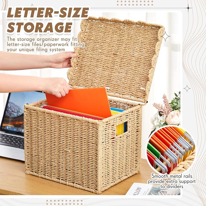 Jingmore File Organizer Box with Scalloped Lid, Paper Rope, Brown | Portable Storage Box Collapsible Letter Hanging Filing Organizer Basket for Office/home, Woven Wicker Decorative Document Box - Image 3