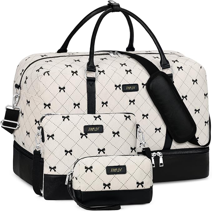Weekender Bags for Women, 21" Travel Duffle Bag with Shoe Compartment | 3PCS Carry On Overnight Large Duffel Bag with Crossbody Bag and Toiletry Bag for Weekend Travel Gym Hospital Business Trip by IBFUN