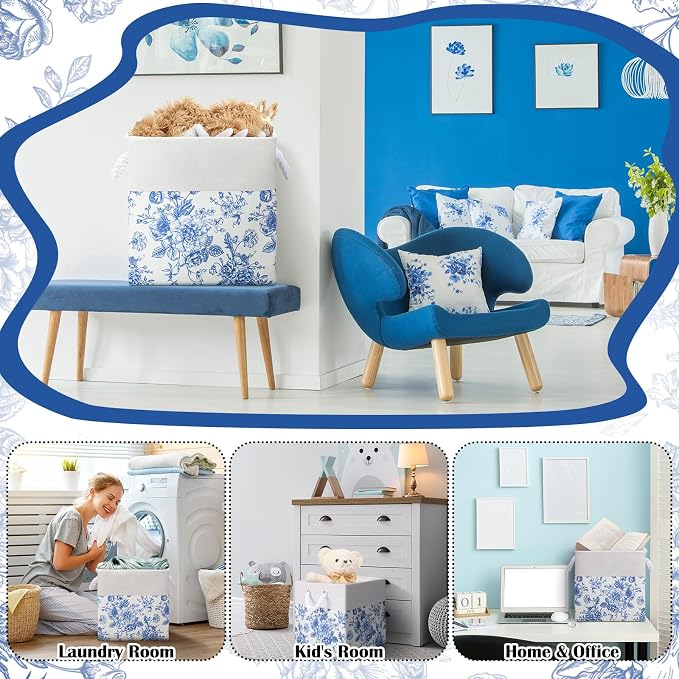LemonRoad 6 Pcs Blue Floral Cube Storage Bins 11.22 Inch Square Storage Basket with Handle, Preppy Girls Organizer Basket, Collapsible Fabric Box for Classroom Bedrooms Office Home Decoration Giftad - Image 7