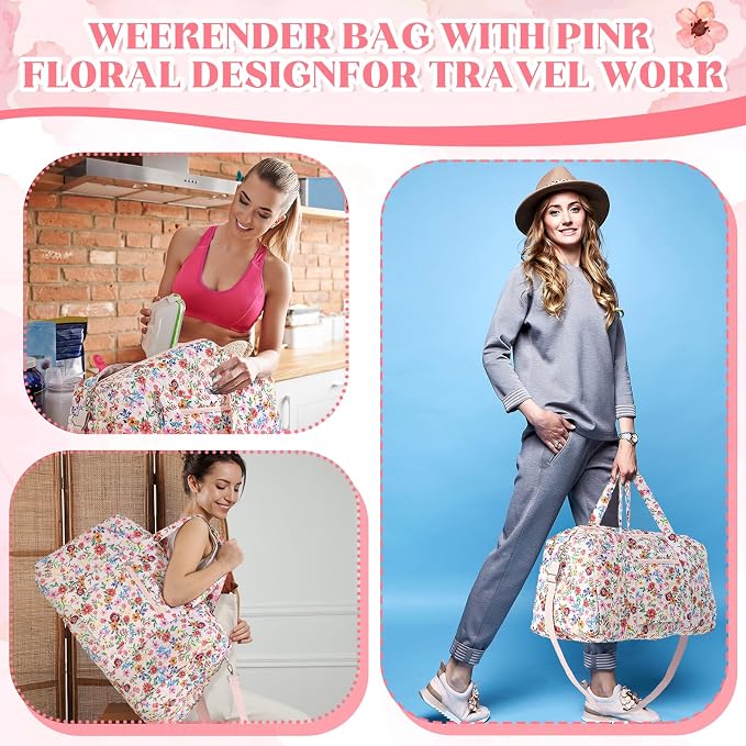Dansydaisy Large Quilted Travel Duffle Bag for Women Floral Portable Gym Weekender Bag with Zipper Pockets Workout Grocery Pouch Duffle Gift Pouch for Work(Pink Floral) - Image 5