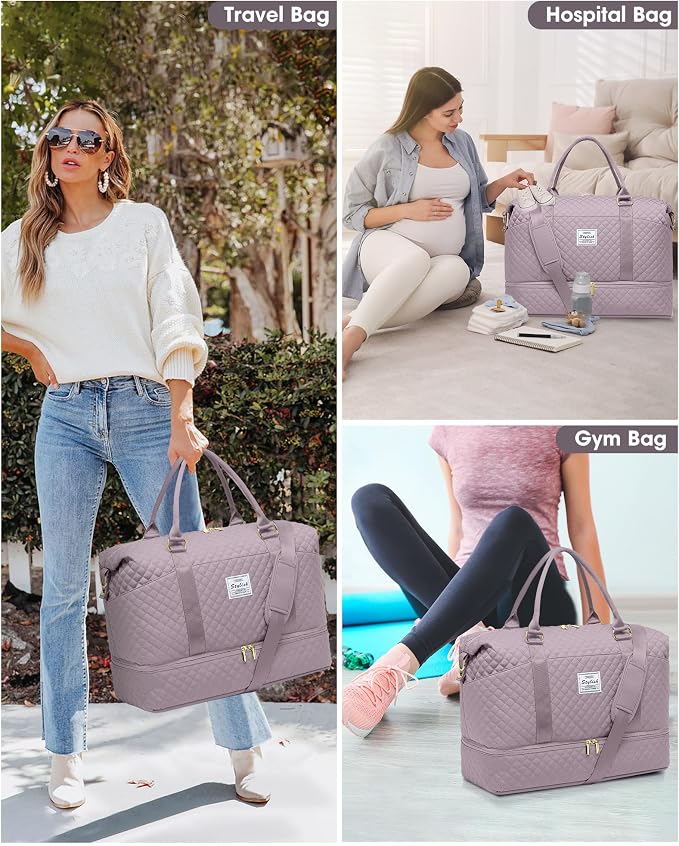 Women Weekender Travel Duffle Bag: Travel Duffel Overnight Bags with Shoe Compartment Carry on Tote Bags Toiletry Bag Weekend Yoga Gym Hospital Bags for Labor and Delivery with Wet Pocket Purple Grey - Image 8