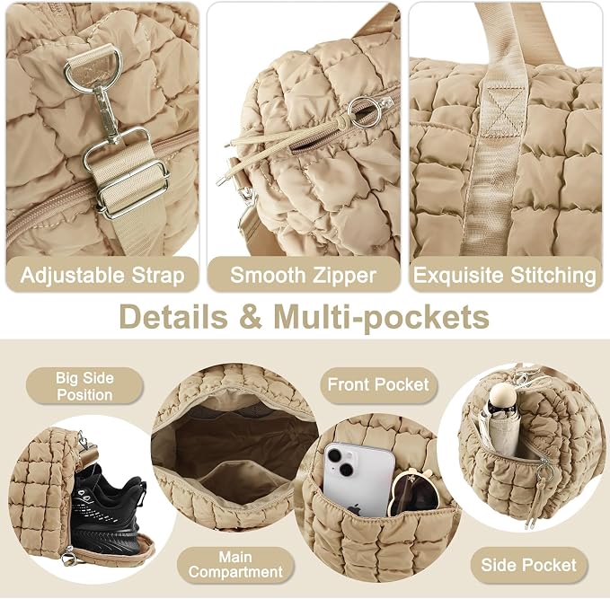 Quilted Travel Duffle Bag Gym Bag for Women,Large Puffer Duffle Weekender Bag with Compartment,Workout Overnight Carry on Organizer Bag Duffle Bag for Airplane Travel(Khaki) - Image 3