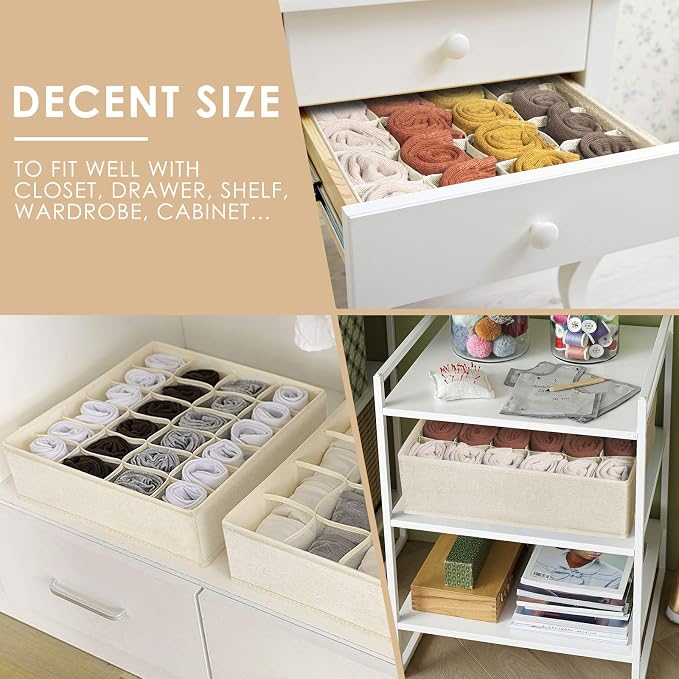 3 Pack Sock Underwear Drawer Organizer Dividers, 64 Cell Fabric Foldable Cabinet Dresser Closet Organizers and Storage Boxes for Organizing Socks, Underwear, Ties (16+24+24 Cell, Beige) - Image 3
