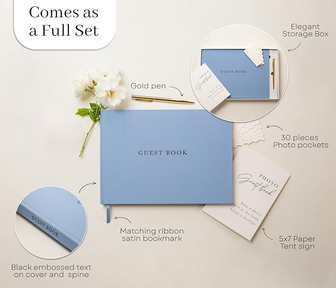 Real Linen Guest Book Set - 11.5 x 8.5 Embossed Guestbook for Weddings, Showers, Events, Blank & Lined, Comes with Sign, Pen, Box and Photo Sleeves, 120 Pages (Light Blue) - Image 4