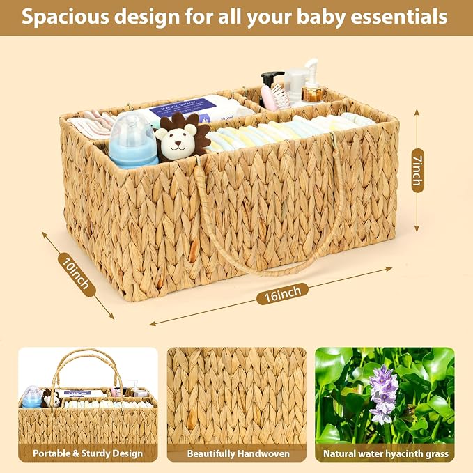 Large Baby Diaper Caddy Organizer, Handwoven Water Hyacinth Storage Basket, Portable Wicker Car Diaper Storage Bin for Nursery and Travel - Image 3