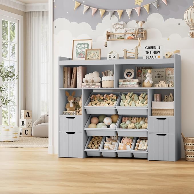 HORSTORS 55" W Toy Storage Organizer, Large Kids Bookshelf, Toy Box, Grey | 8 Plastic Storage Bins / 2 Removable Toy Storage Boxes / Open Shelves, Kids Bookcase with Drawers for Playroom, Kids Room - Image 2