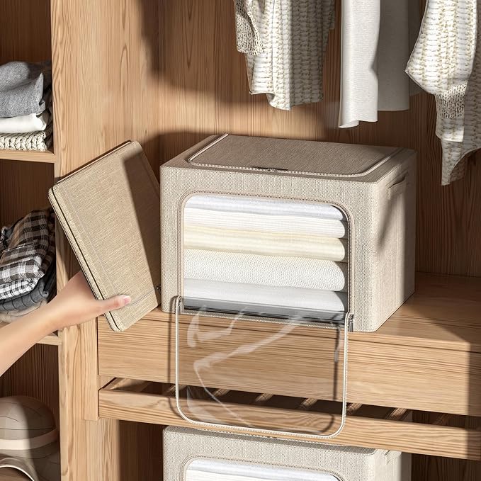 CYhom 4 Pack Clothes Storage Bins with Metal Frame - Linen Fabric Foldable Stackable Container Organizer Set with Clear Window & Carry Handles & Zippers (Beige, 23.6"x16.5"x15.7") - Image 3