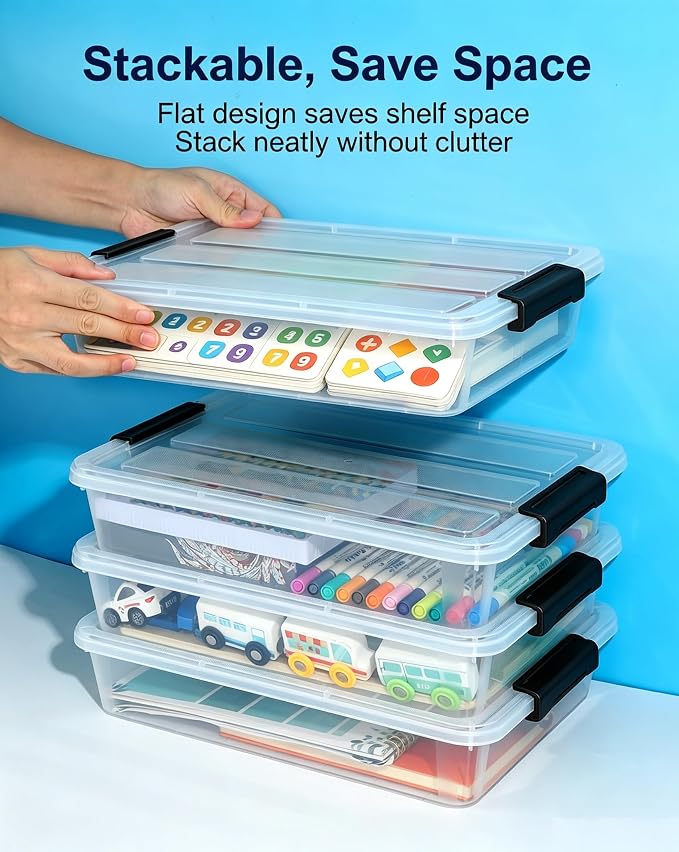 EOENVIVS 4 Pack Clear Storage Bins with Lids, Stackable A4 & US Letter File Box Organizers, Craft Storage Bins and Sensory Bins for Classroom, Kids Art Supplies, Documents and Projects, Black Latches - Image 7
