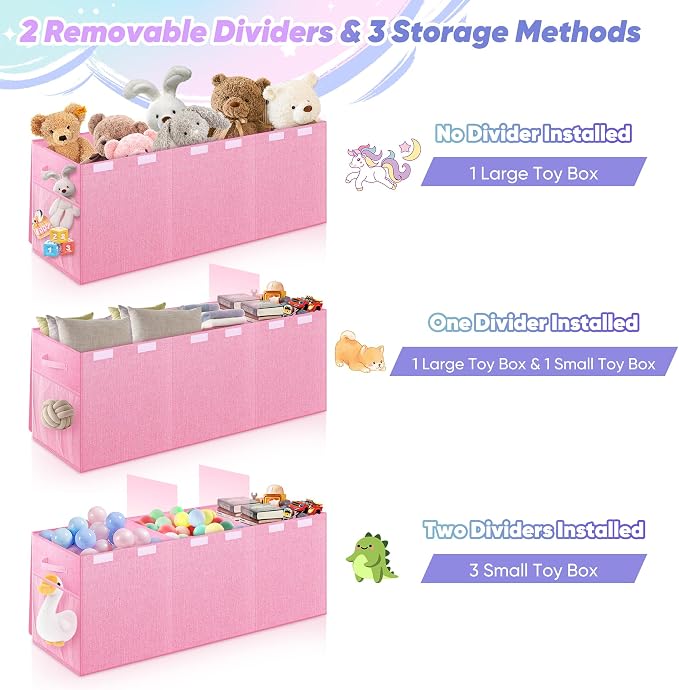 Extra Large Toy Box with Lids, Collapsible Storage Chest, 40"x16"x16" Pink | Sturdy Toy Storage Organizer with Dividers, Toybox for Kids Boys Girls, Bedroom Nursery Playroom Organization - Image 6
