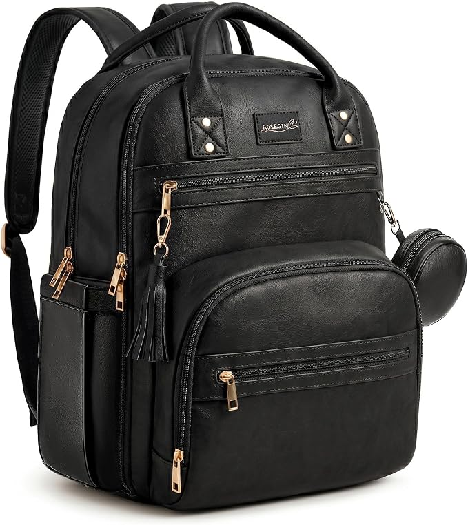 ROSEGIN Premium Vegan Leather Diaper Bag Backpack with Waterproof Changing Pad, Reinforced Zippers & Odor-Free, 20 Pockets Pro Organizer, Fits 15.6" Laptop, Stroller Straps, Baby Bag for Mom, Black by ROSEGIN
