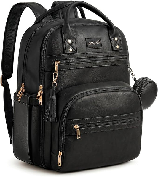 ROSEGIN Premium Vegan Leather Diaper Bag Backpack with Waterproof Changing Pad, Reinforced Zippers & Odor-Free, 20 Pockets Pro Organizer, Fits 15.6" Laptop, Stroller Straps, Baby Bag for Mom, Black by ROSEGIN