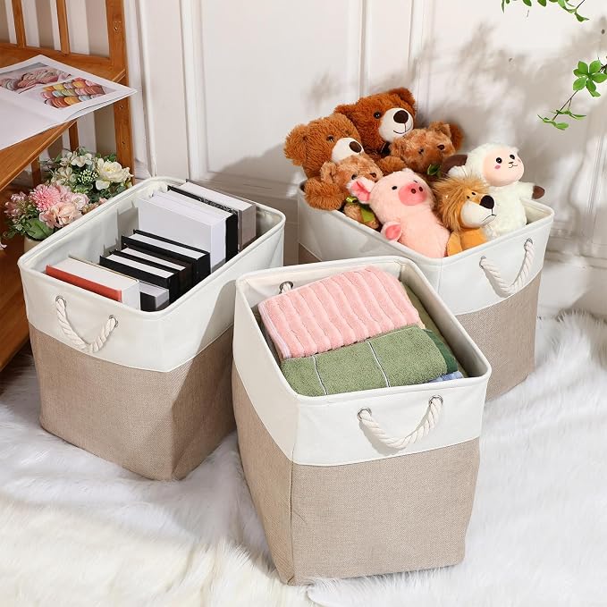 meekoo 8 Pack Collapsible Storage Bins Fabric Storage Bins Polyester Fabric Baskets with Handles Linen Closet Organizer for Shelf Home Closet Towels Toys(11 x 11 x 11 in,Beige) - Image 6