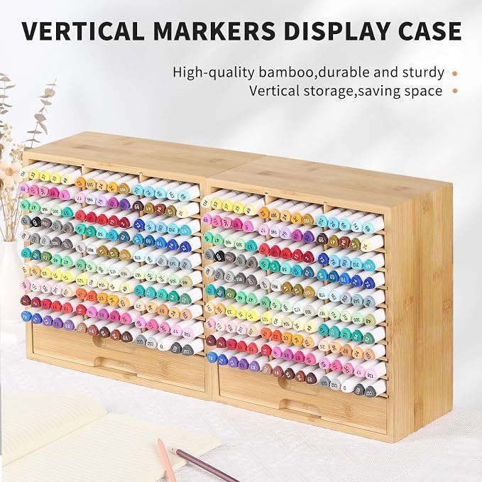AUTOARK Bamboo Marker Organizer for 150 Markers,AHK-060 | Desktop Storage with Drawers,Art Markers Pens Pencils Brushes - Image 5