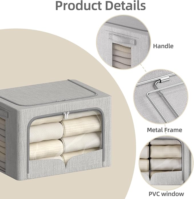 FHSQX 3 Pack Clothes Storage Bins - Foldable Metal Frame Storage Box - Stackable Linen Fabric Container Organizer Set with Carrying Handles and Clear Window (Light Gray, 15.7x11.8x9.8inch(30L)) - Image 4