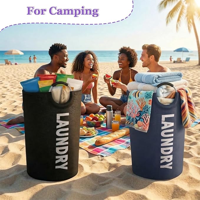 Set of 2 Collapsible Laundry Basket 125L, Tall Laundry Hamper with Comfort Handle, Freestanding Storage Bin for Family, Apartments, Dorm,Black + Navy Blue - Image 5