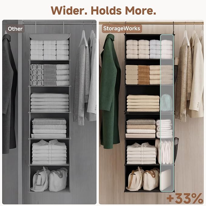 StorageWorks Hanging Closet Organizer 6-Shelf, Jumbo Separable Two 3 Shelf Closet Storage Organizer with Side Pockets, Portable Hanging Shelves for Wardrobe, RVs, 13 "D x 15 "W x 47 ¼"H, Black - Image 7
