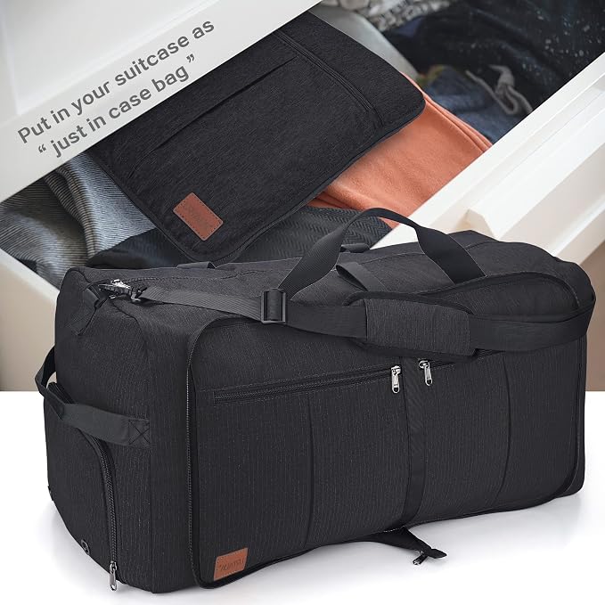 100L EXTRA LARGE Foldable Waterproof Travel Duffle Bag for Men Women | with Shoe Compartment, Black, 32“ Duffel for Weekender Gym Sport, Tear Resistant, Polyester - Image 5