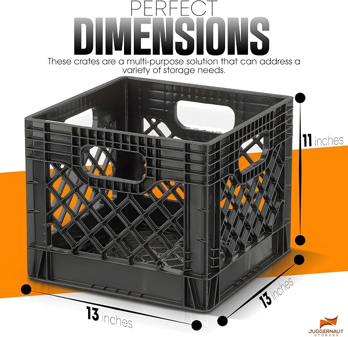 Juggernaut Storage Heavy Duty Milk Crates, 4 Handles, 16 Qt, Black, 4-Pack | Stackable HDPE Construction, Holds Up to 50 lbs, Vented Cross-Hatch Design, 13 x 13 x 11 In, for Office, Classroom & Home - Image 2