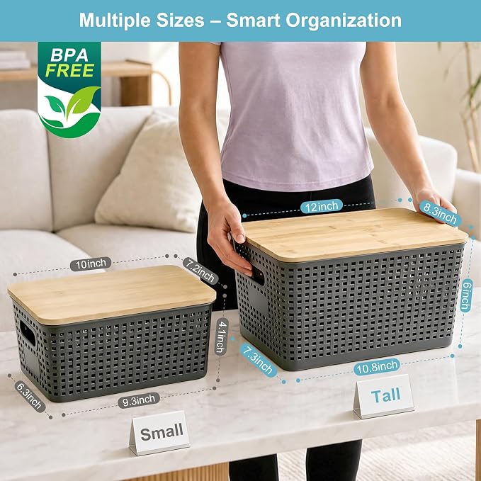 Small Plastic Storage Bins with Bamboo Lids 5.2qt Stackable Box Basket Pantry Decorative Containers Cute with Lable for Organizing Desktop Closet Office Gray of 6 packs 10 * 7.2 * 4.1" - Image 9