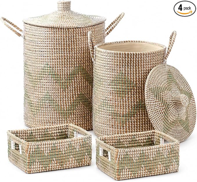 Sea Grass Storage Basket Set of 4, Handwoven Wicker Storage Organizer, Includes 2 Laundry Hampers with Lids, 2 Bins for Shelves and Removable Washable Liners for Bathroom, Bedroom, Laundry Room by Unknown