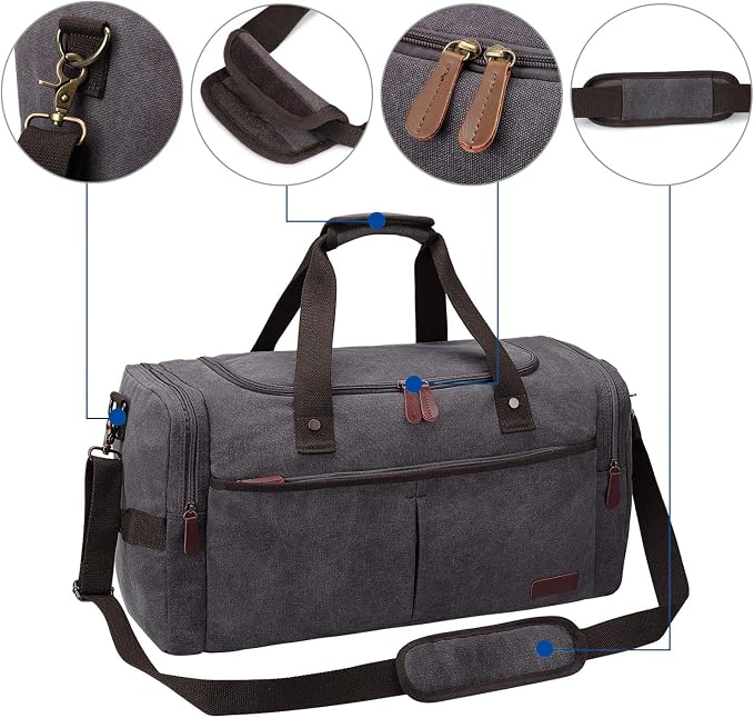 S-ZONE 65L Expandable Canvas Duffle Bag Travel Overnight Holdall Weekend Bag with Shoes Compartment Large Carry On Bag Tote Gym Bag for Men Women, Grey, L | Cotton Canvas, 45L Large Size, Shoes Compartment,Multi-Pocket, Removable Shoulder strap for Gym... - Image 5
