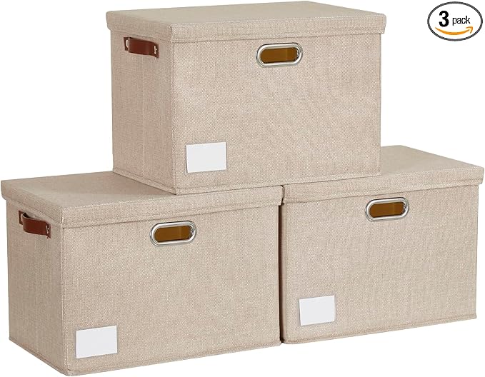 15" Fabric Storage Box with Lids, 3-Pack, Khaki | Stackable, Foldable, 2 PU Handles and 2 Metal Handles, Decorative Fabric, For Home, Bedroom, Closet, Office, Nursery by Roobyl