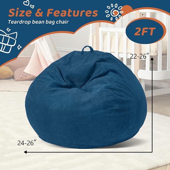 2FT Bean Bag Chair: 2' Small Bean Bags with Memory Foam Filled | Beanbag Chairs with Handle,Teardrop Bean Bag Sofa with Corduroy Machine Washable Cover for Living Room,Bedroom-Dark Blue - Image 2