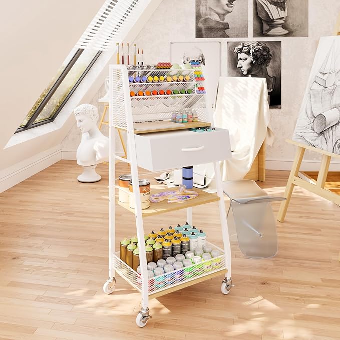 3 Tier Rolling Cart - Metal Utility Cart with Storage Drawer and Wheels, Versatile Art & Craft Organizer for Home, Office, or Studio - Ideal for Storing Brushes, Paints, and Supplies（Maple） - Image 5
