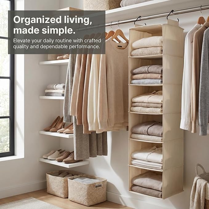 Household Essentials Cedarline 6‑Shelf Hanging Closet Organizer in Heavy‑Duty Cotton Canvas, Cream - Image 4