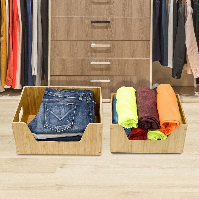 MobileVision Bamboo Storage Box with Open Front Stackable Bin Organizer to use in closets, bedrooms, kitchens, home & office, 14 x 11 x 6.5 inches - Image 5